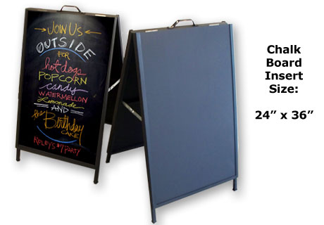 Chalkboard Metal A-Frame with re-placable chalkboard inserts.