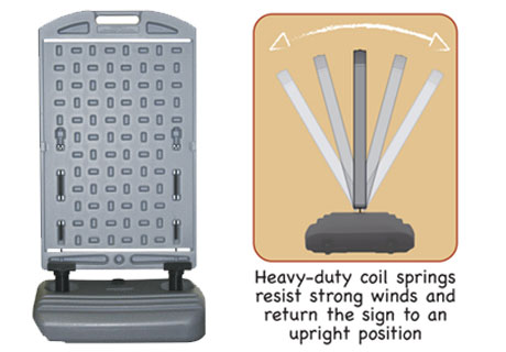 Wind Sign II with fillable plastic base will resists head-on winds up to 60 mph.